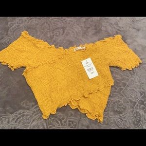 Mustard cross over off the shoulder crop top
